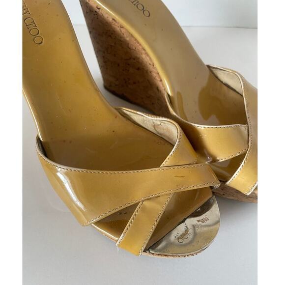 Jimmy Choo Y2K Patent Leather Tan Crossover Mule Cork Wedge Sandals • Size 39.5 - Picture 2 of 9